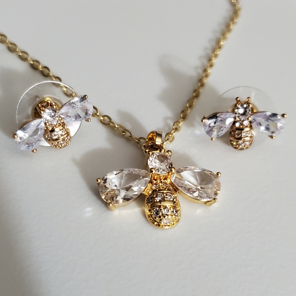 Bee necklace earrings set crystal real gold plated bee's sparkly New zircon